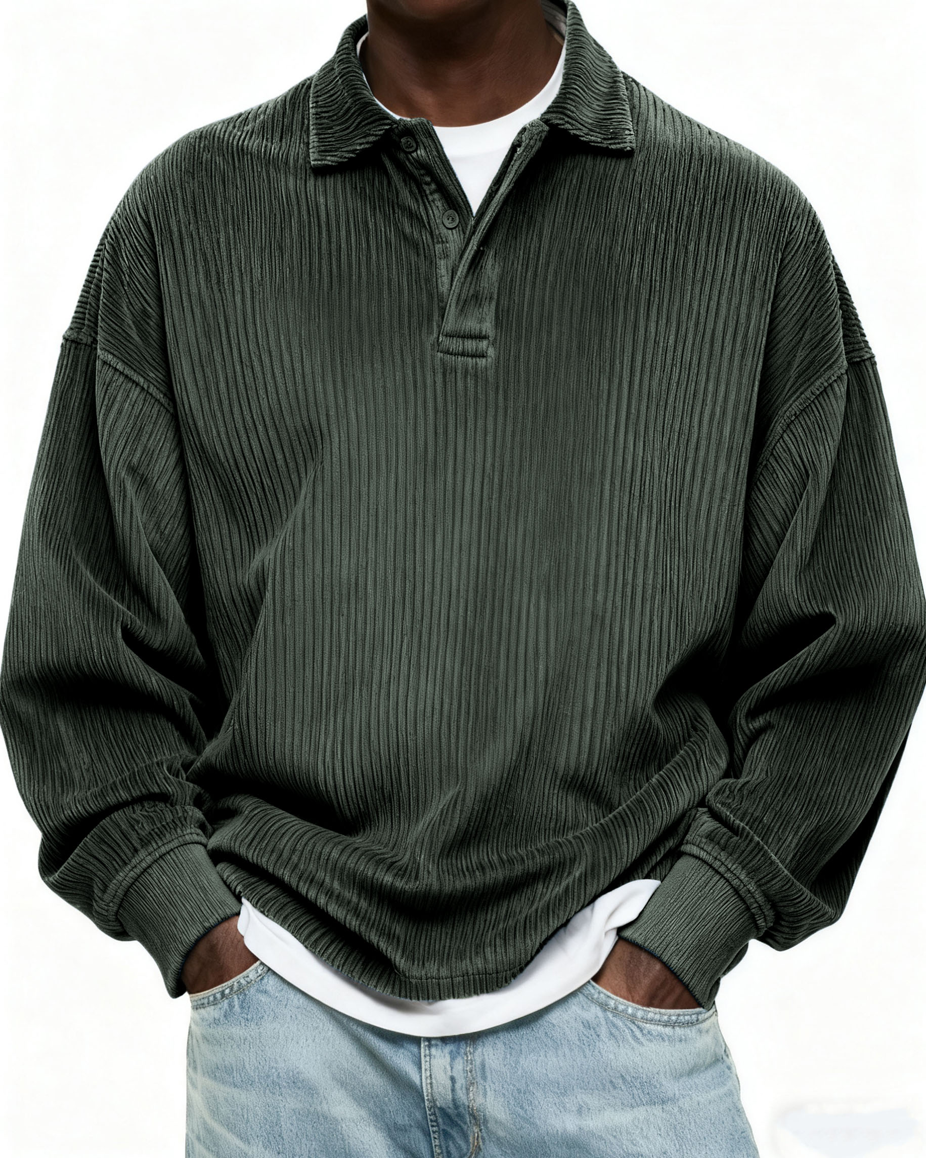 Herren Einfaches Cordstoff Textur Knopf Alltag Pullover POLO Hemd-deurabatt