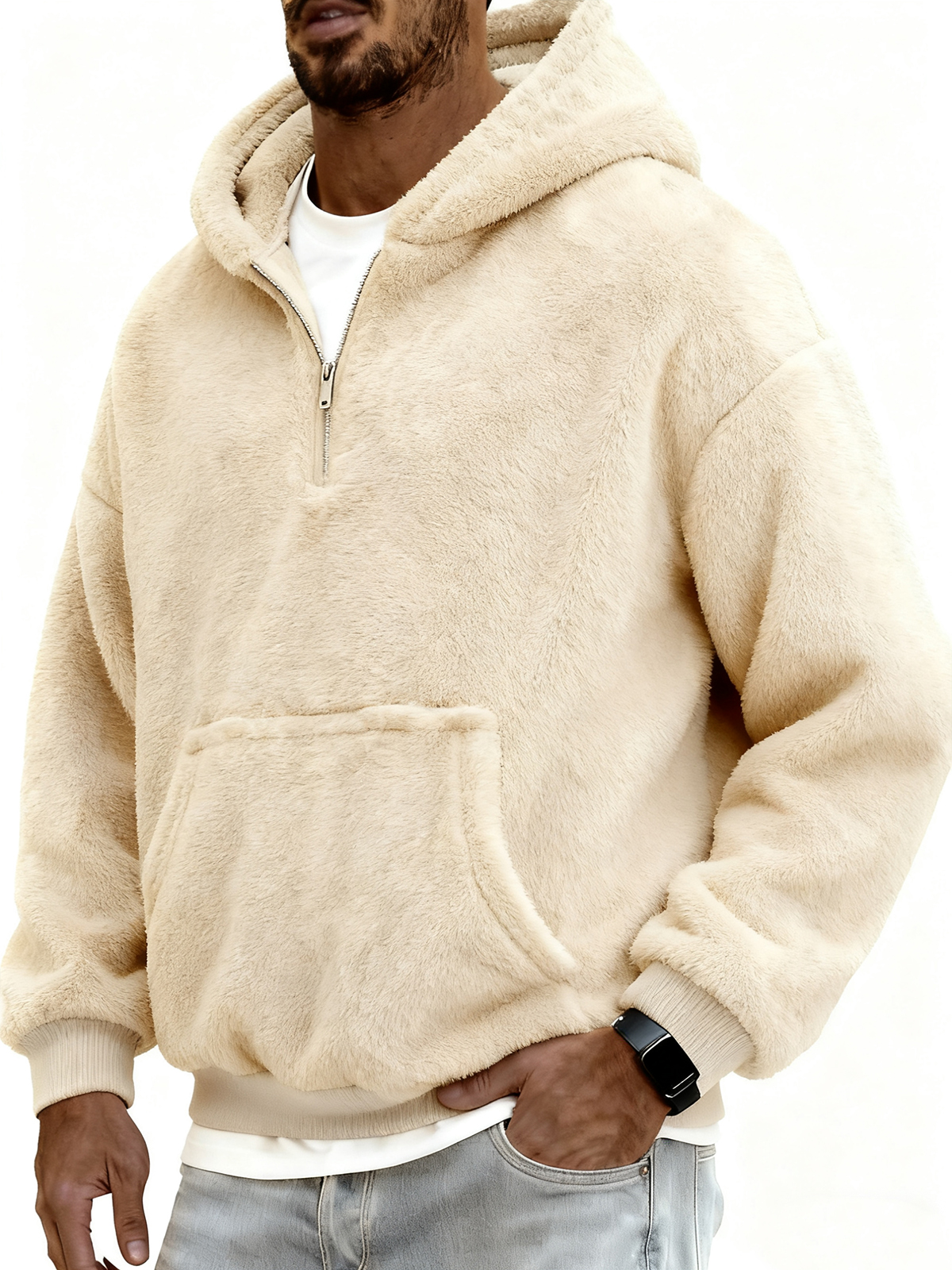 Herren Stylischer Korallenfleece Kapuzenpullover mit Kängurutaschen und einem Viertelreißverschluss-deurabatt