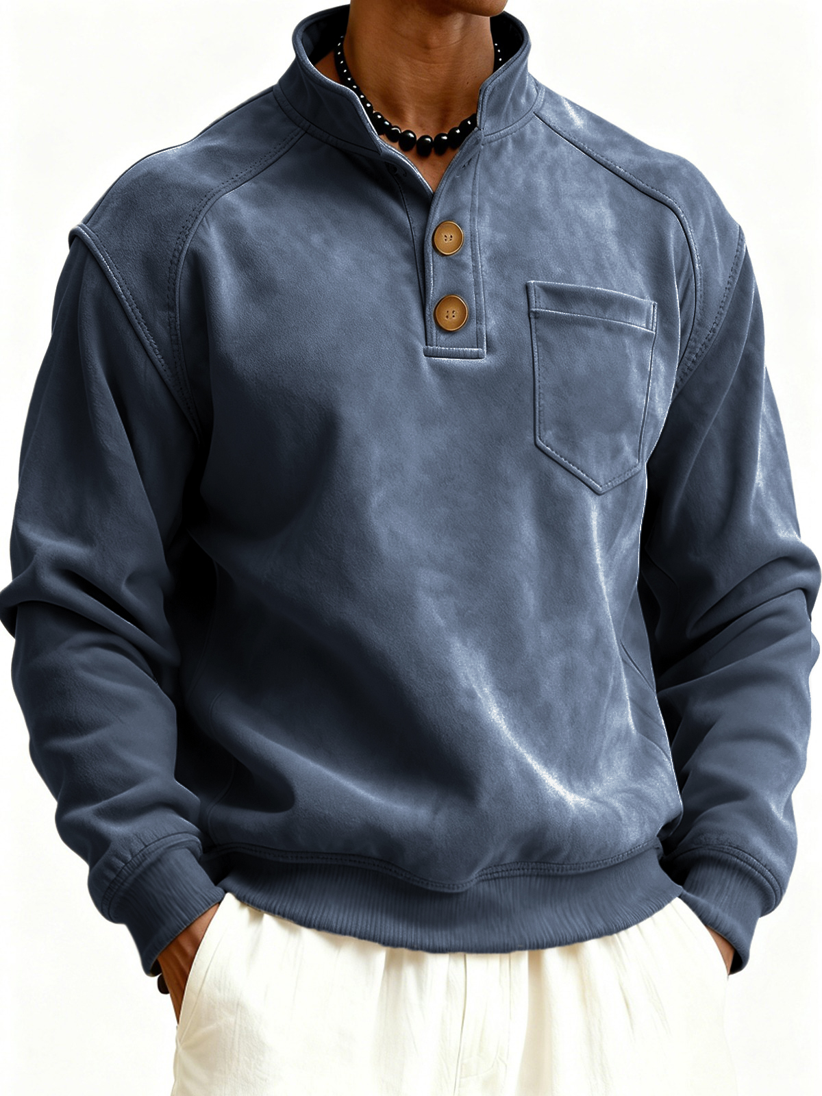 Herren Faux Suede Raglanärmel Button-down Stehkragen Pullover Sweatshirt mit Brusttasche-deurabatt