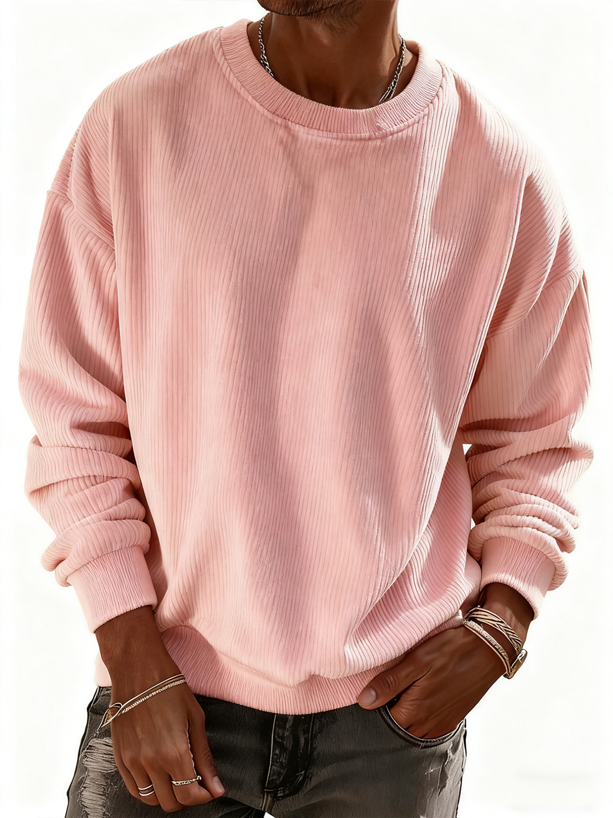 Herren Pullover Sweatshirt aus einfarbigem Cordstoff mit Streifen-deurabatt