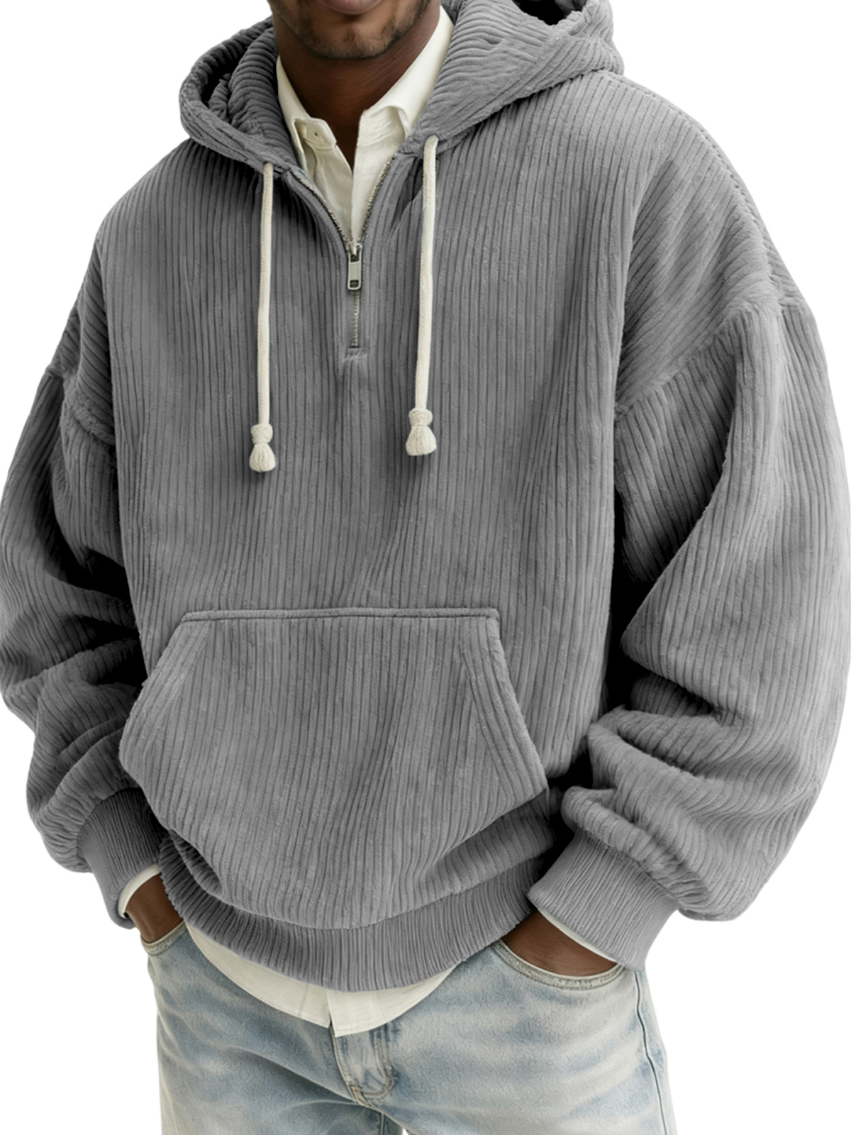 Herren Stylischer Viertelreißverschluss Corduroy Kapuzenpullover mit Kängurutaschen-deurabatt