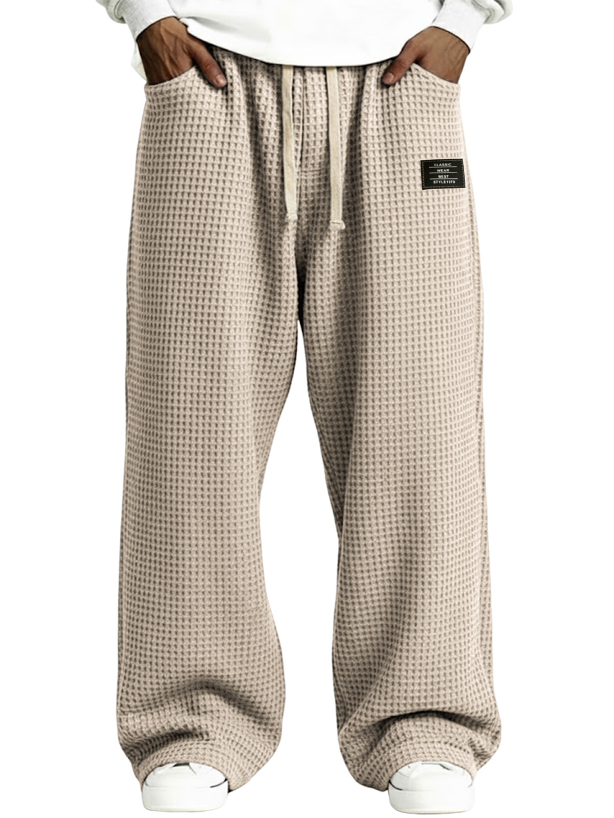 Herren einfache Waffelstruktur Kordelzug bestickte Etikettenhose-deurabatt