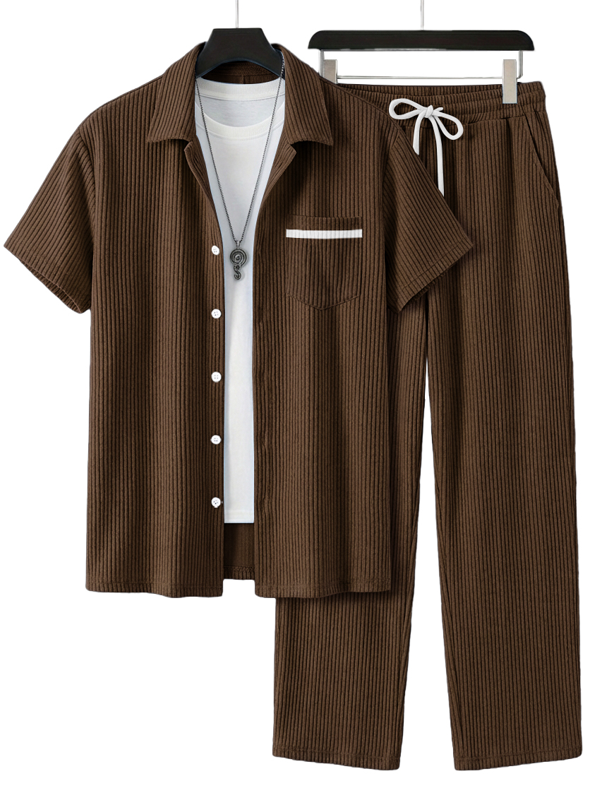 Herren Einfaches Lässiges Geripptes Pocket Kurzarmhemd und Lässige Hose Set OOTD-deurabatt