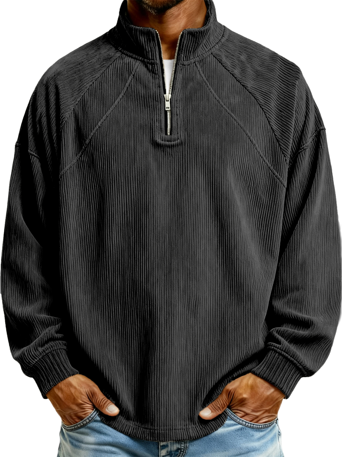 Herren Einfaches Corduroy Geripptes Viertel-Reißverschluss Raglan Ärmel Pullover Polo-Shirt-ZierMode