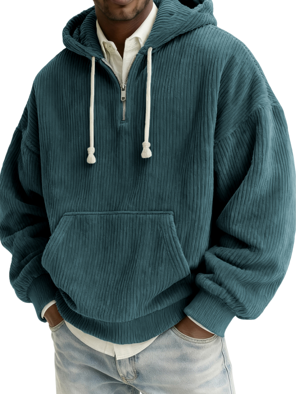 Herren Stylischer Viertelreißverschluss Corduroy Kapuzenpullover mit Kängurutaschen-deurabatt