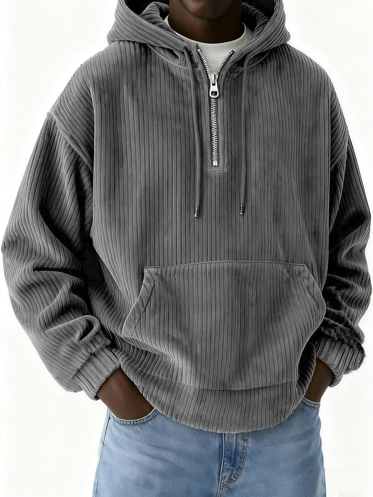 Herren-Cord-Sweatshirt mit halbem Reißverschluss und Kapuze-deurabatt