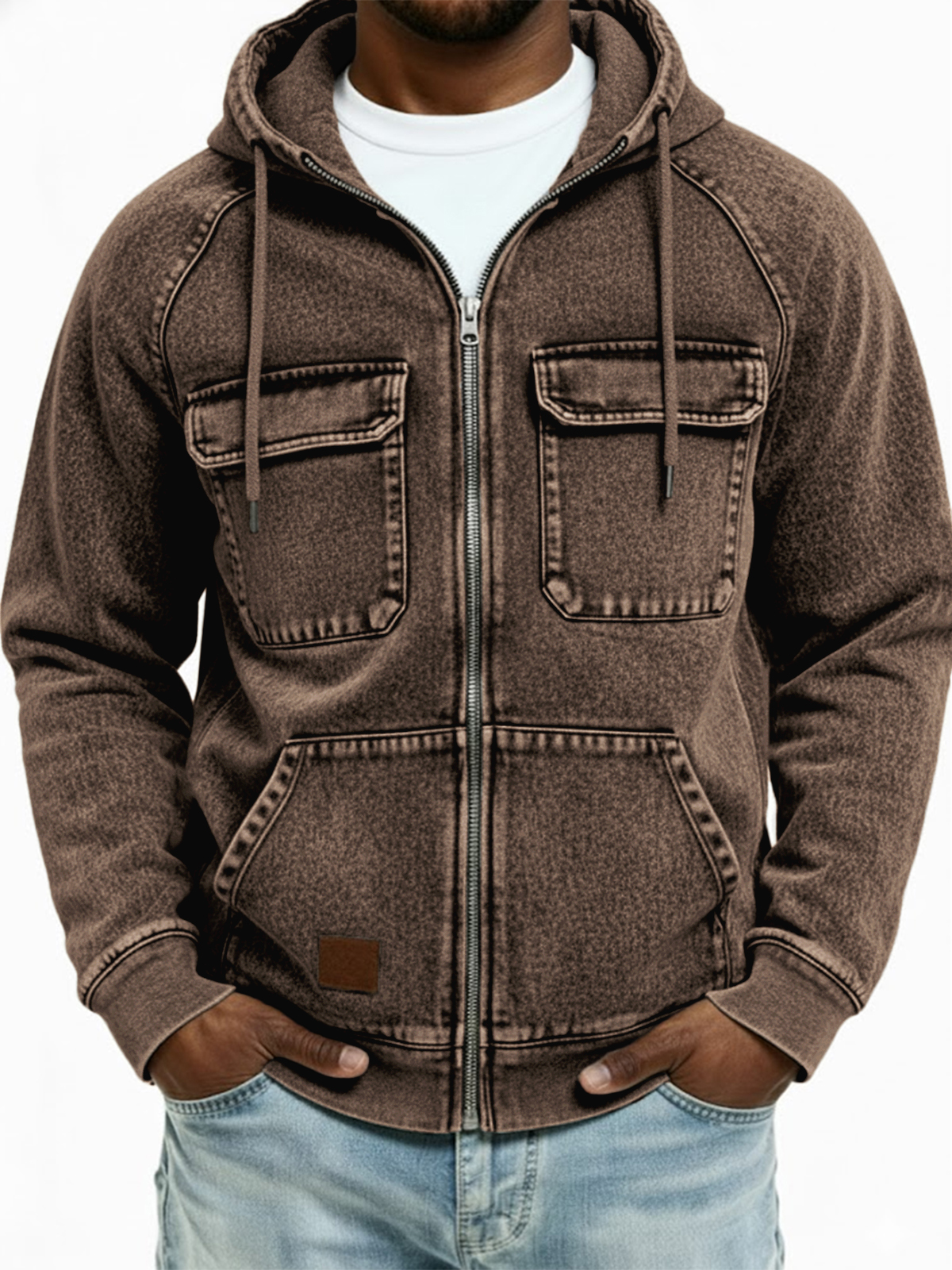 Herren Vintage Abgenutzte Mehrfachtaschen Voller Reißverschluss Kapuzenstrickjacke-deurabatt