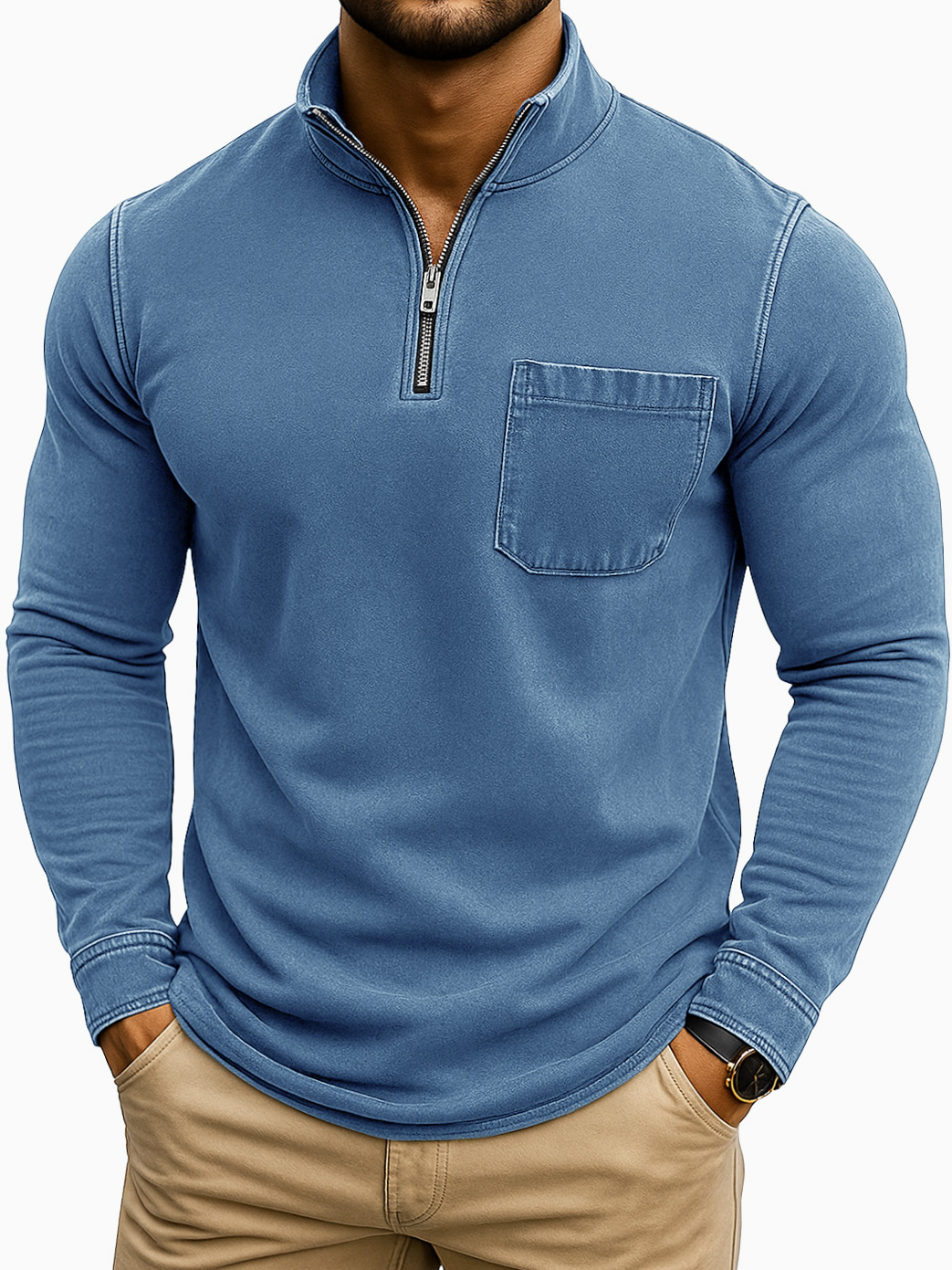 Herren Retro Casual Gewaschen Abgenutzt Viertel Reißverschluss Tasche Langarm T-Shirt-deurabatt
