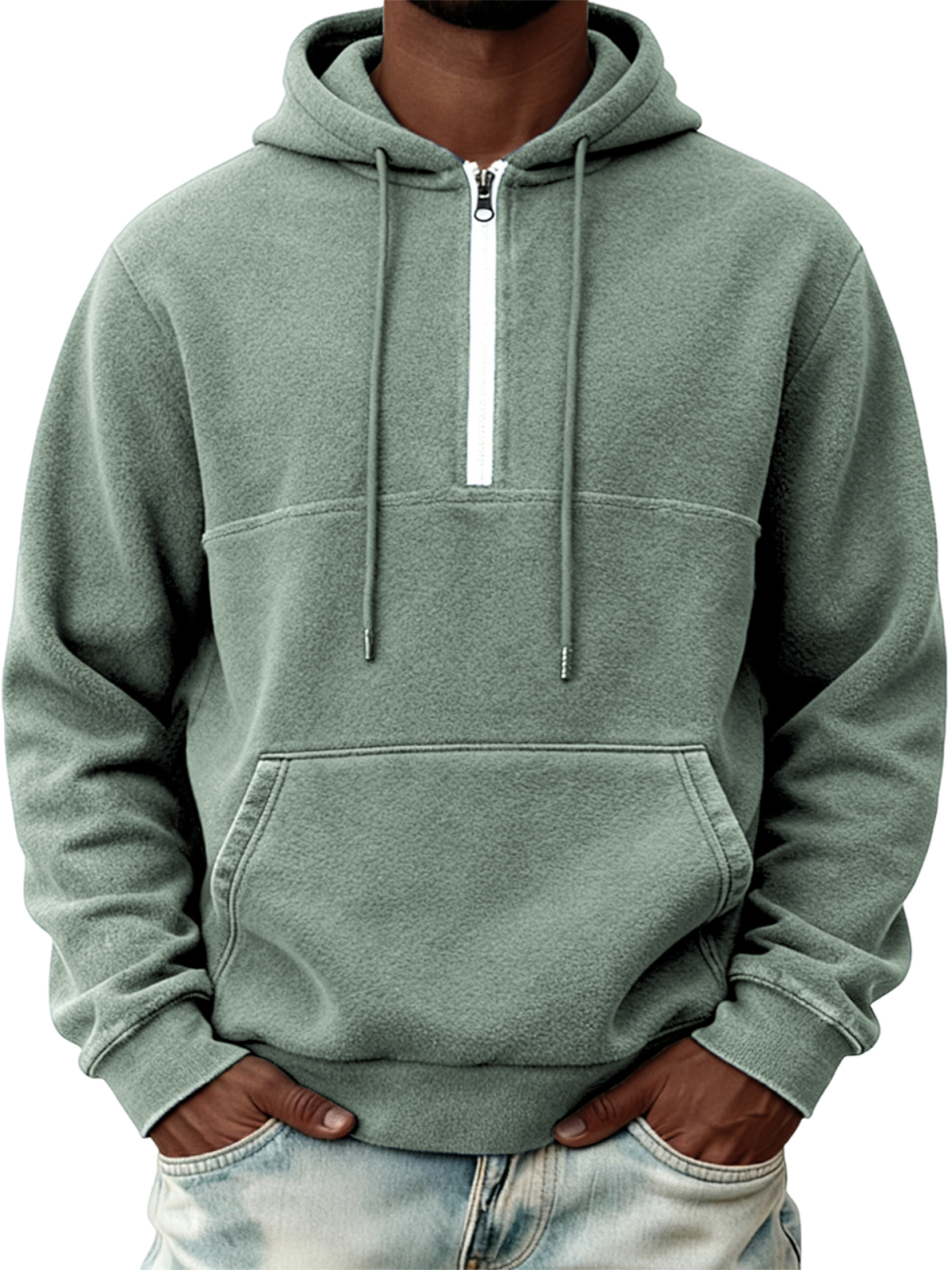Warmes Herren-Fleece-Sweatshirt mit halben Reißverschluss und Kapuze-deurabatt