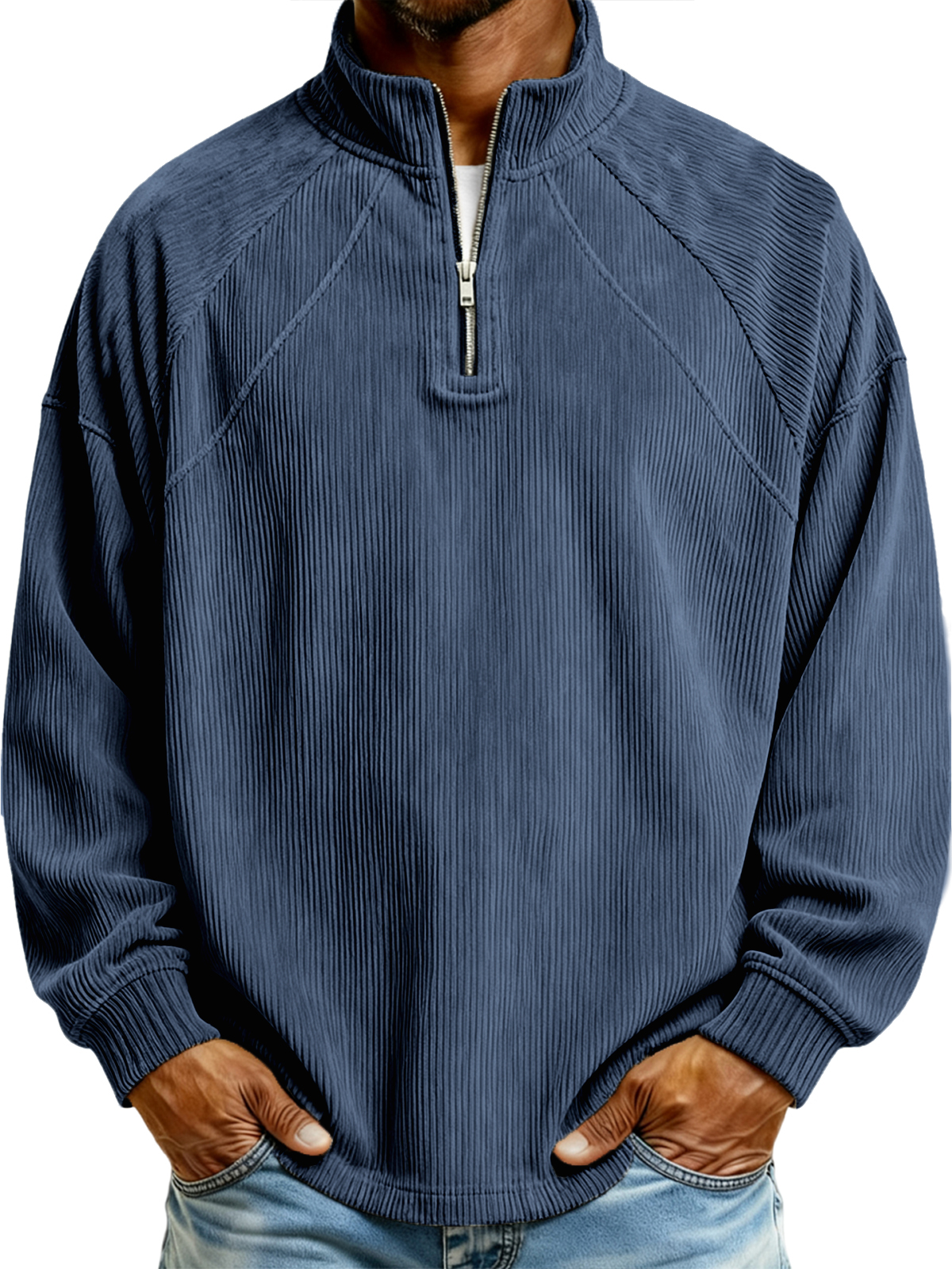 Herren Einfaches Corduroy Geripptes Viertel-Reißverschluss Raglan Ärmel Pullover Polo-Shirt-ZierMode