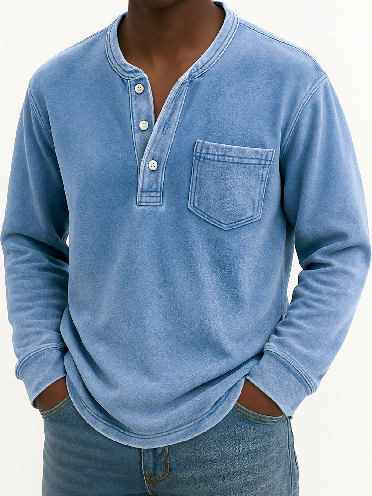 Herren Vintage Abgenutztes Taschen Freizeit Langarm Henley Shirt-deurabatt