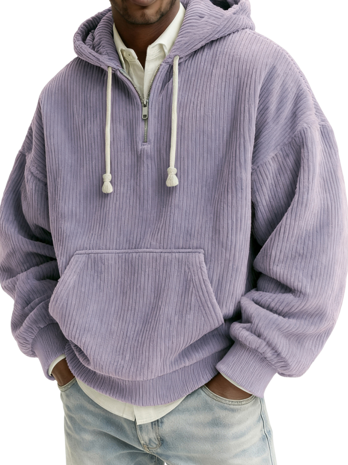 Herren Stylischer Viertelreißverschluss Corduroy Kapuzenpullover mit Kängurutaschen-deurabatt