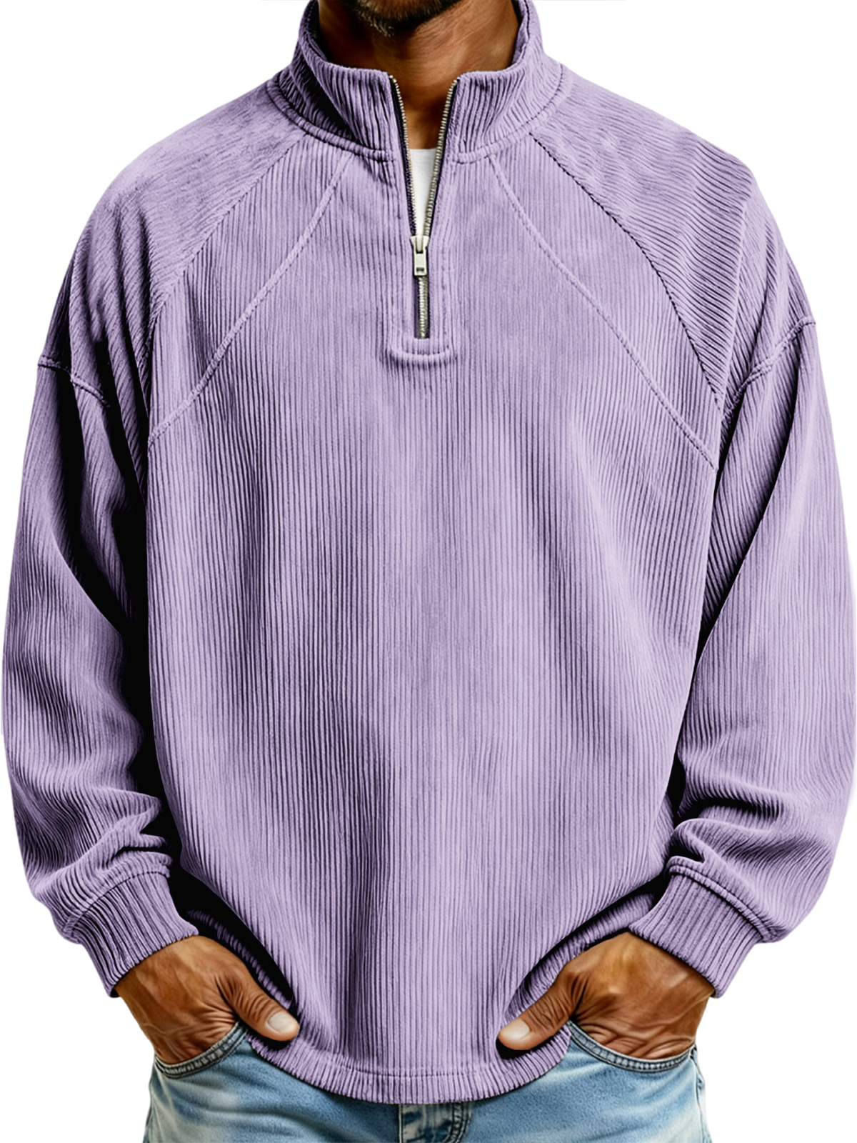 Herren Einfaches Corduroy Geripptes Viertel-Reißverschluss Raglan Ärmel Pullover Polo-Shirt-deurabatt