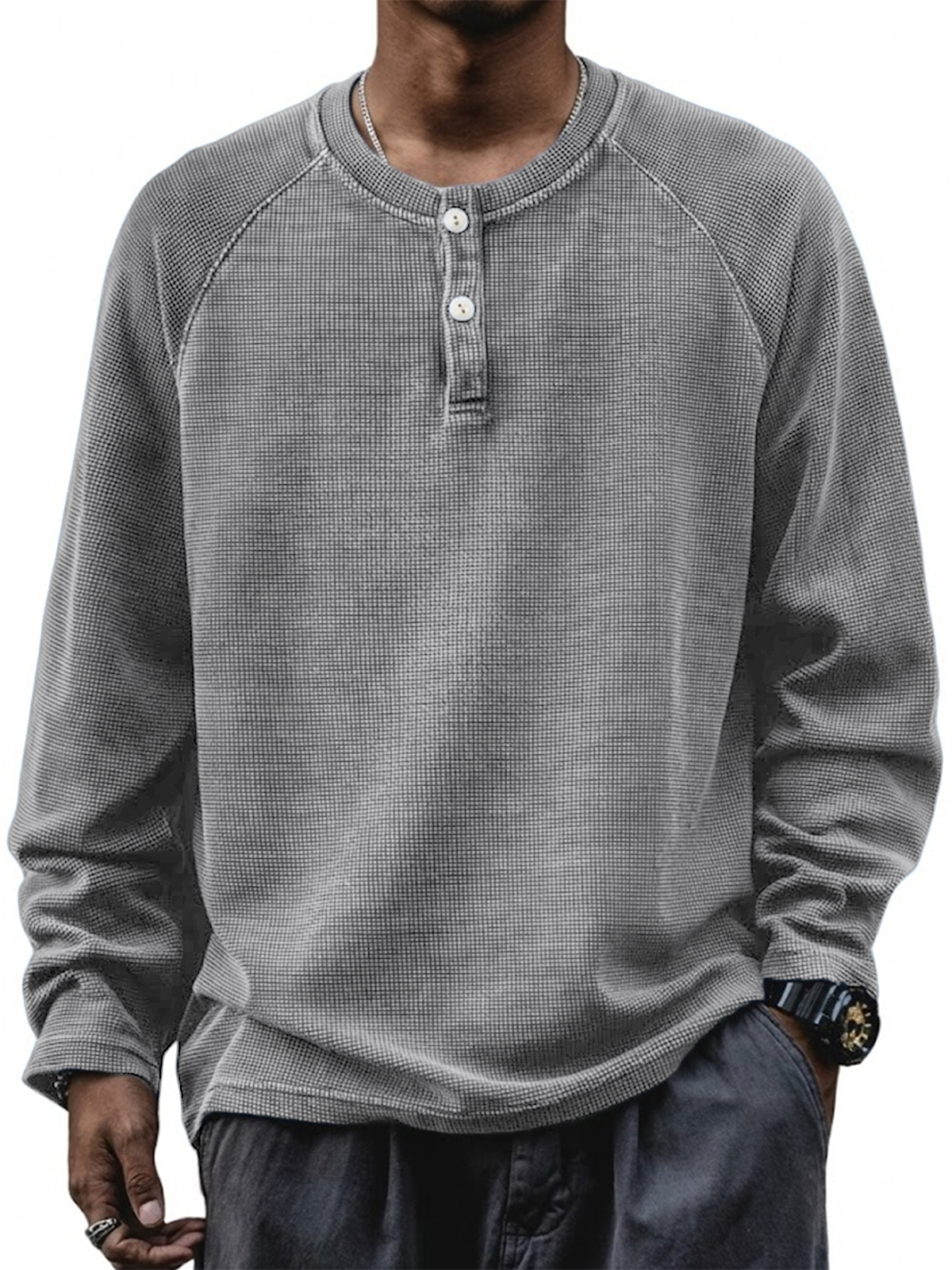 Herren Retro Waffel Raglan Lockere Pullover Langarm Henley Shirt-deurabatt