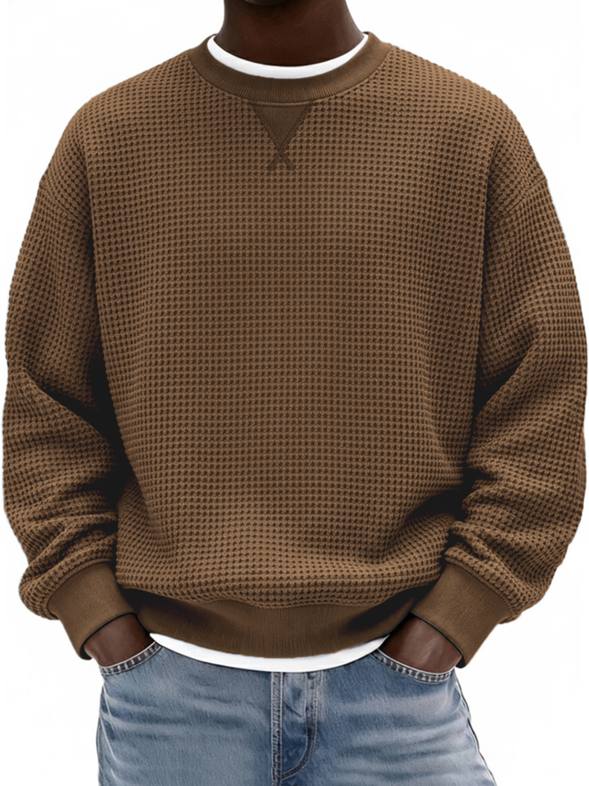 Herren Waffelstruktur X-Stich Rundhals Pullover Sweatshirt-deurabatt