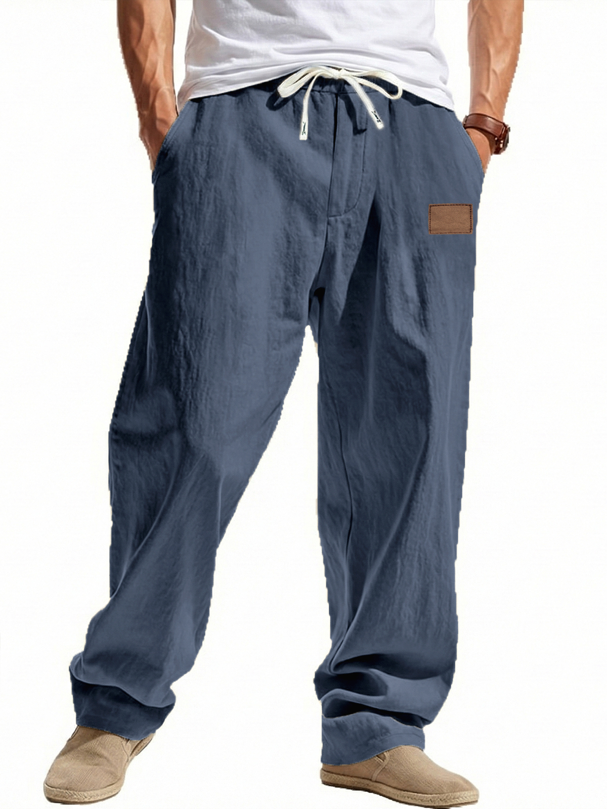 Lässige Leinen-Baumwoll-Hose mit weitem Bein und besticktem Etikett-deurabatt