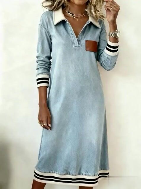 Damen-Jeanskleid mit Streifen und Patchworkmuster