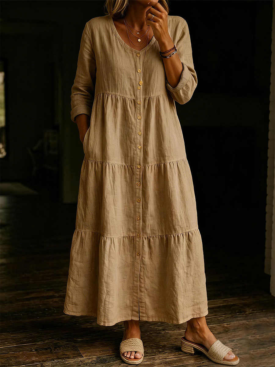 Women's Solid Color Casual V-neck Cotton Linen Long Dress