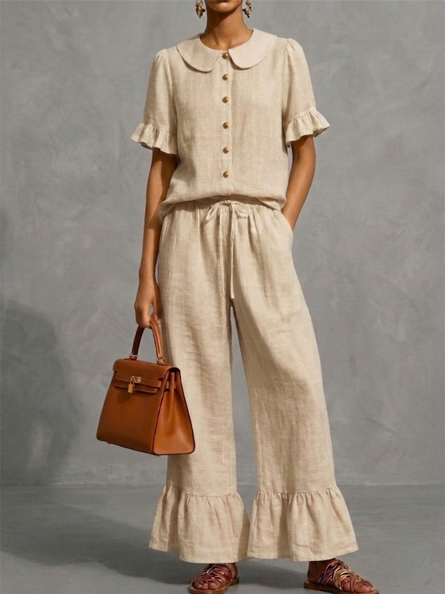Stylish Ruffled Shirt And Wide-leg Pant Linen Two-piece Set
