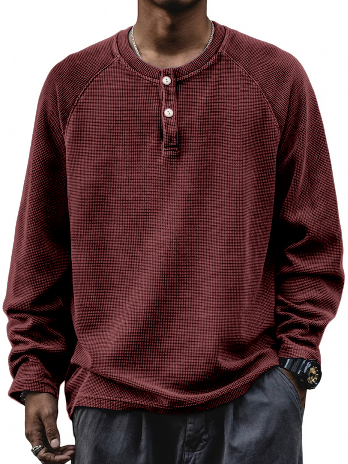 Herren Retro Waffel Raglan Lockere Pullover Langarm Henley Shirt-deurabatt