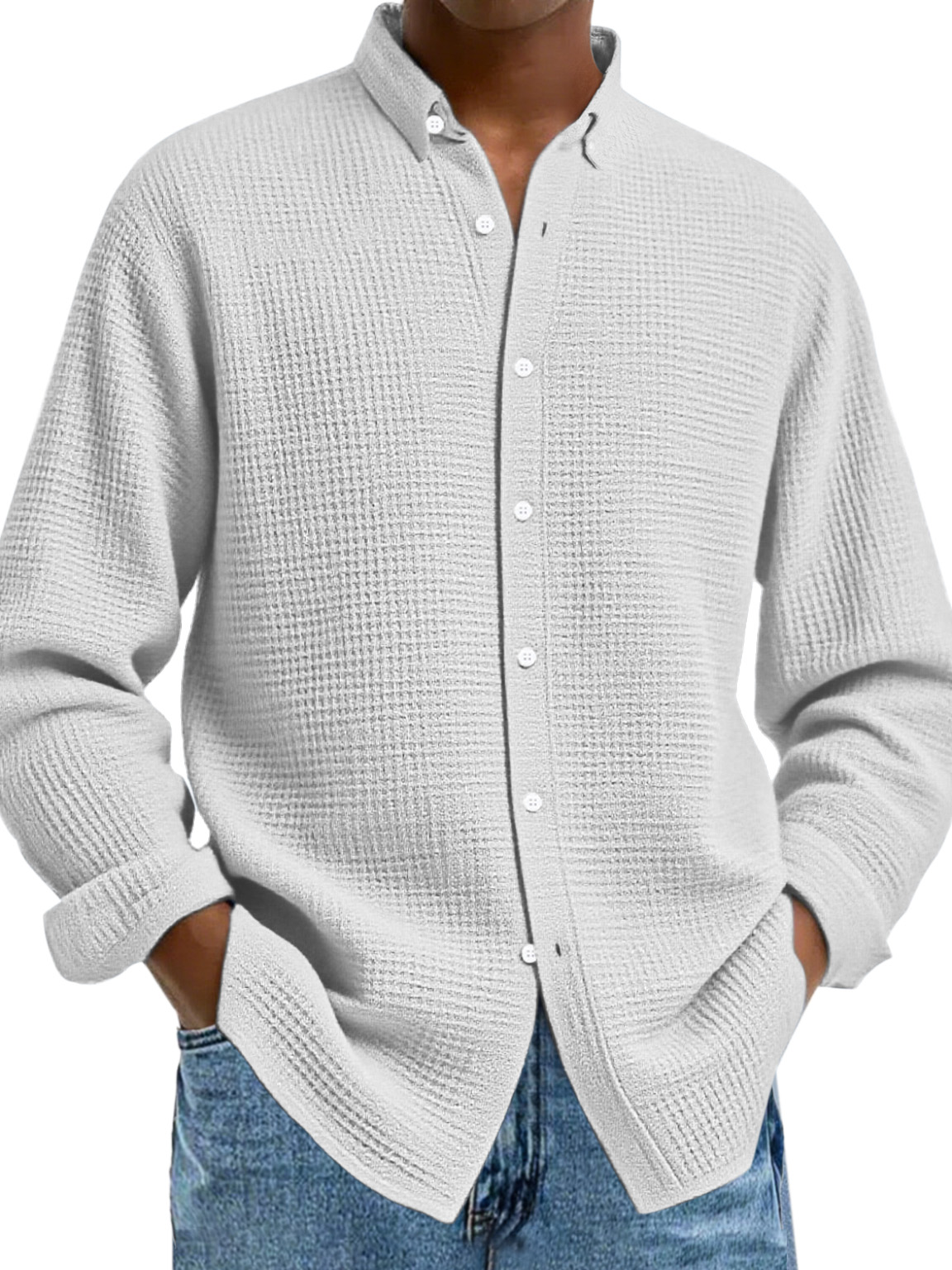 Herren Freizeit Einfarbige Waffel Knopf Langarmshirt-deurabatt