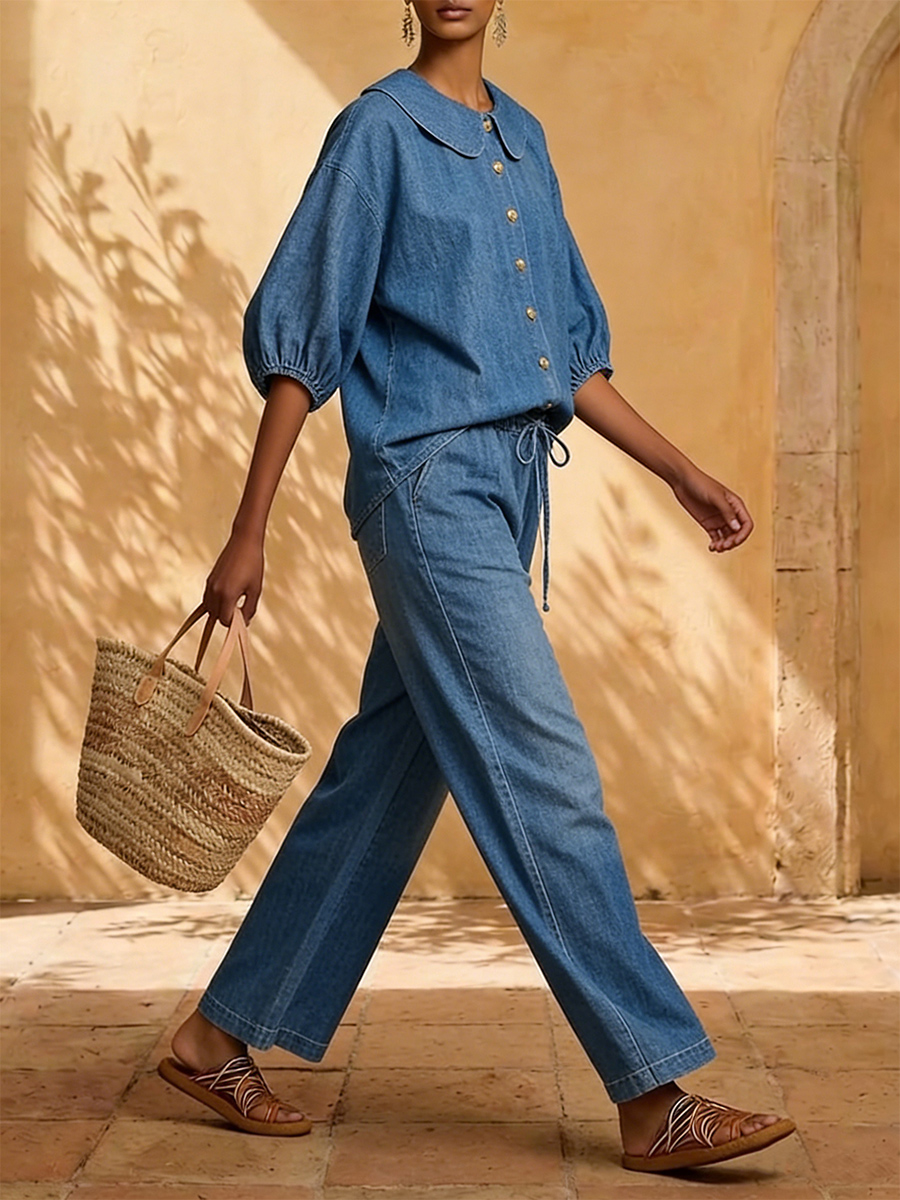 New Arrivals🔥 Stylish Peter Pan Collar Shirt and Wide-leg Pant Denim Two-piece Set