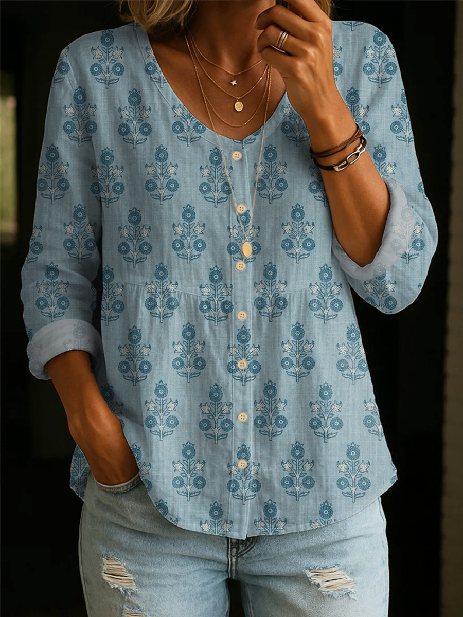 Forest-style Fresh Blue-toned Geometric Floral Print Textured Cotton-linen Front-button Babydoll Top