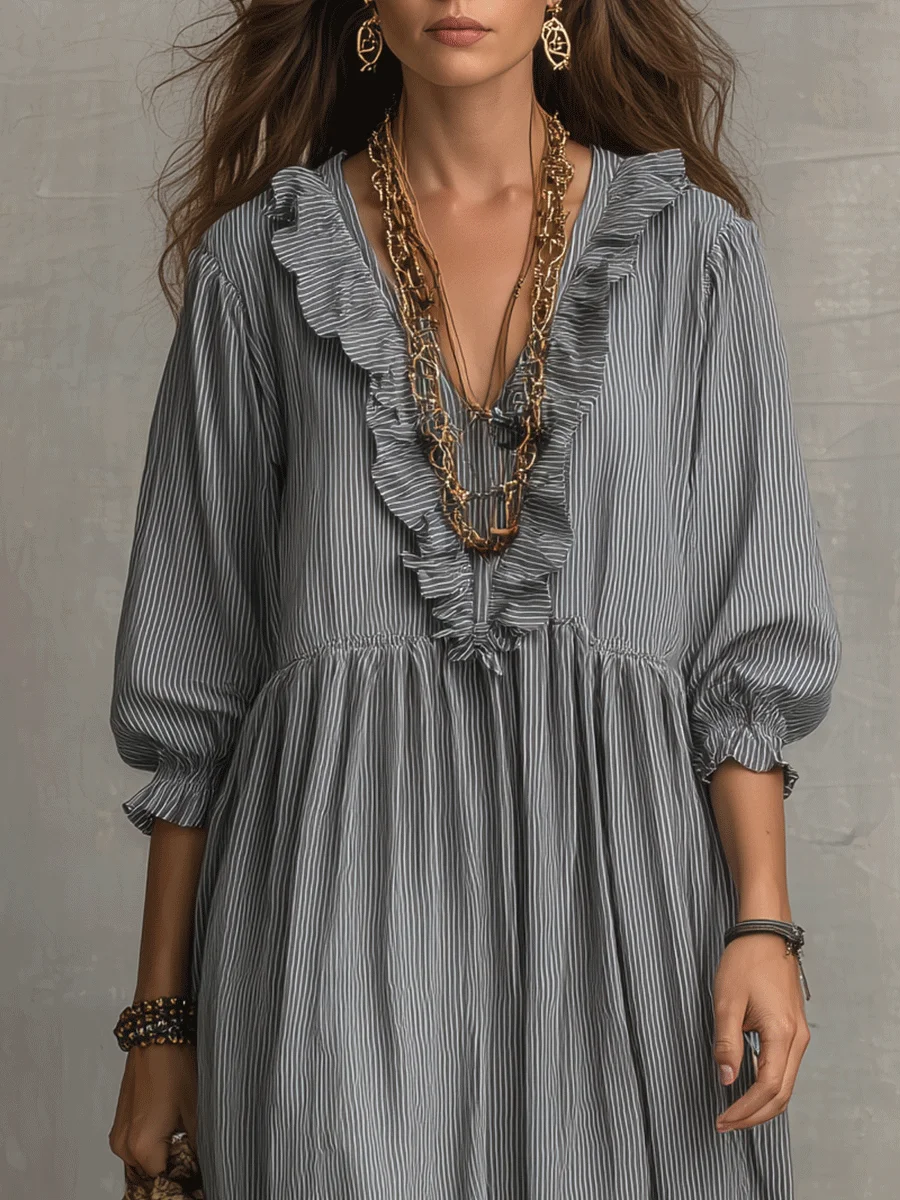 Women's Striped Art Print Casual Stylish Ruffled Vacation Maxi Dress-ZierMode