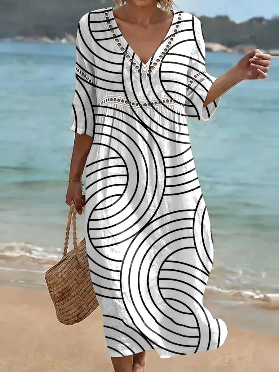 Damen-Baumwollkleid, einfarbig, Retro-Stil, lässig, elegant, für den Urlaub