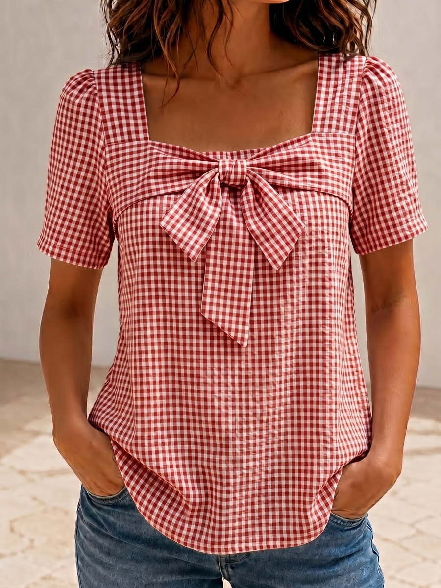 NEW ARRIVALS🔥  Women's Square Neck Gingham Bow Shirt - Puff Sleeve Casual Blouse