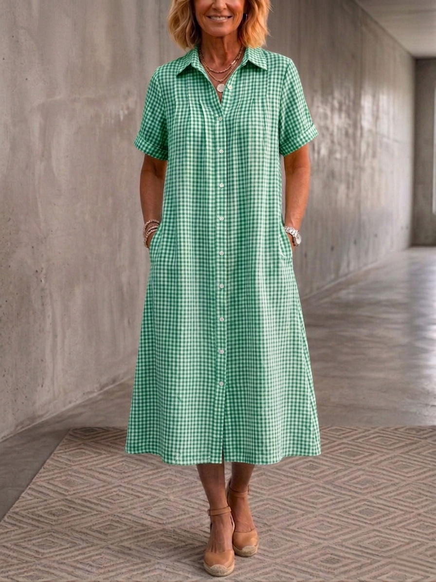 Clearacne Sale🔥 Women's Lapel Checkered Cotton Linen Shirt Dress