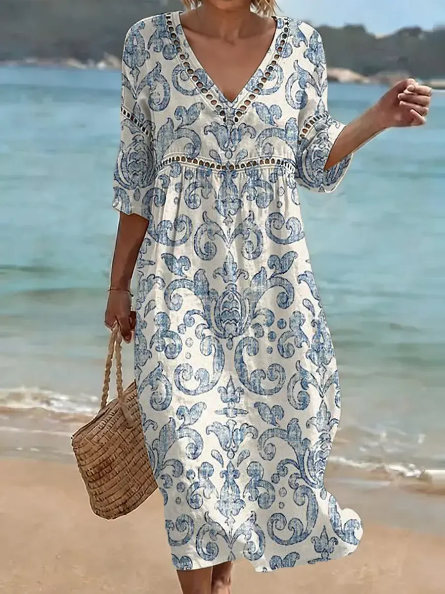 Damen-Baumwollkleid, einfarbig, Retro-Stil, lässig, elegant, für den Urlaub
