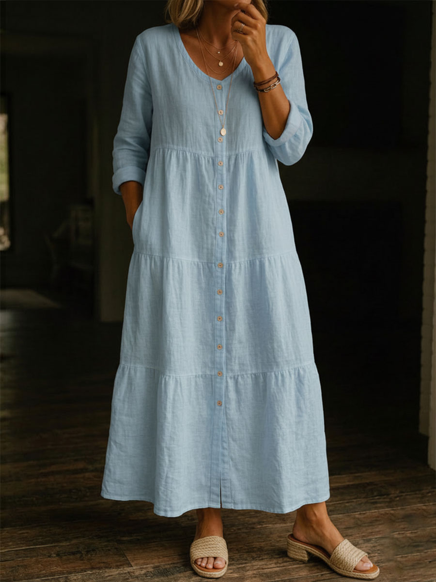 Women's Solid Color Casual V-neck Cotton Linen Long Dress