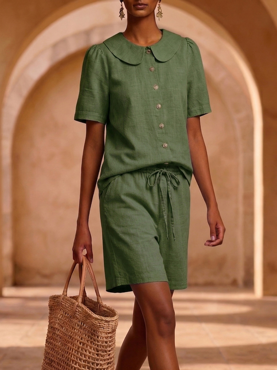 New Arrivals🔥 Stylish Peter Pan Collar Short Shirt and Wide-leg Short Pant Linen Two-piece Set