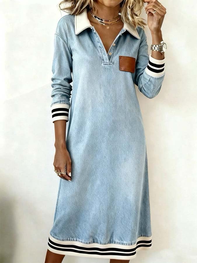 Damen-Jeanskleid mit Streifen und Patchworkmuster