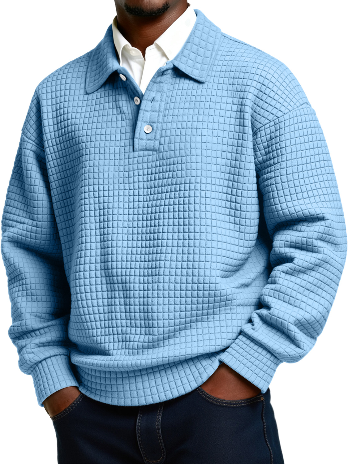 Herren Daily Small Plaid Revers Knopf Lässiges Langarm Polohemd-deurabatt