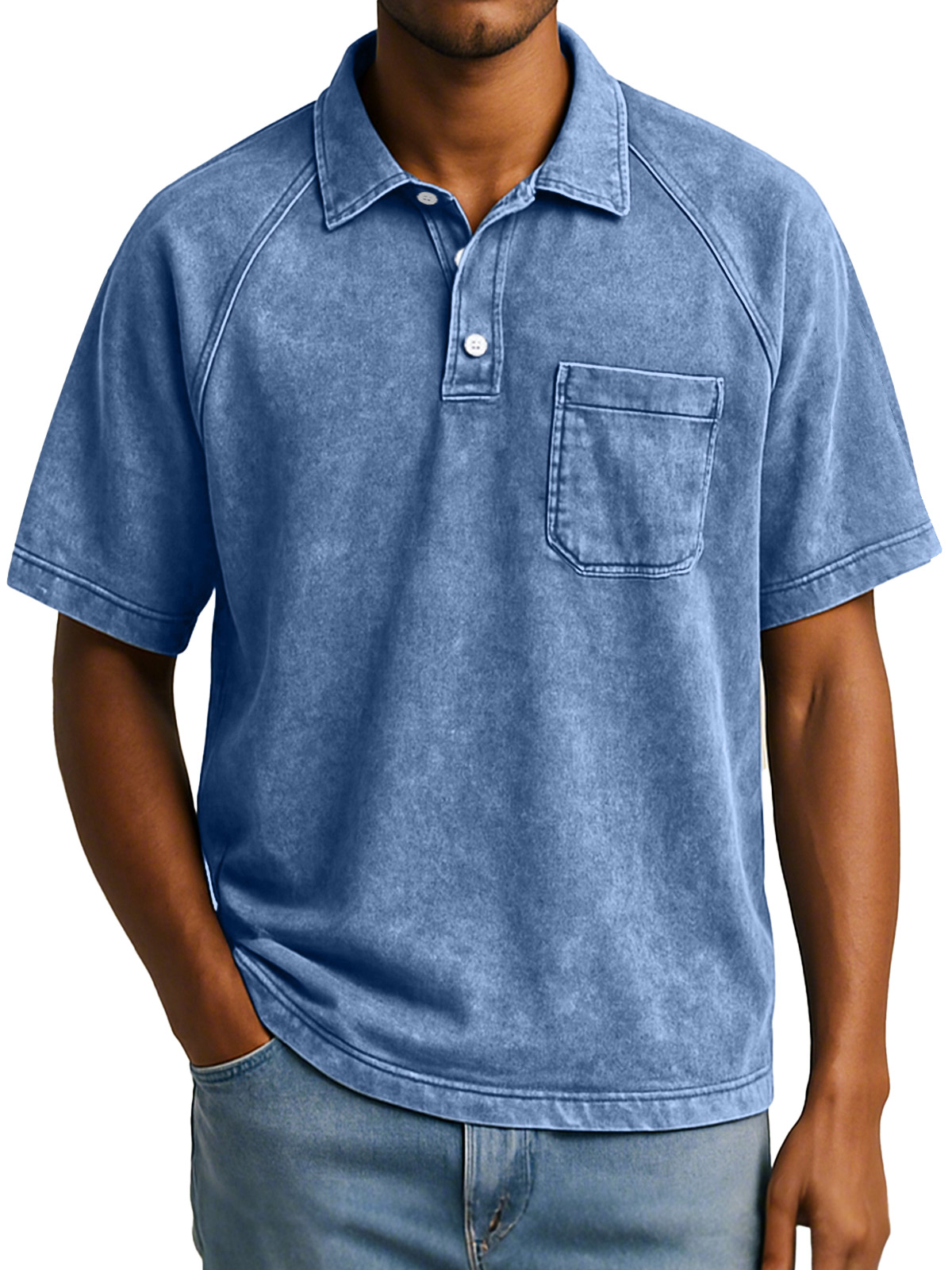 Herren Retro Freizeit Raglan Kurzarm Kragen Knopf Polohemd-deurabatt