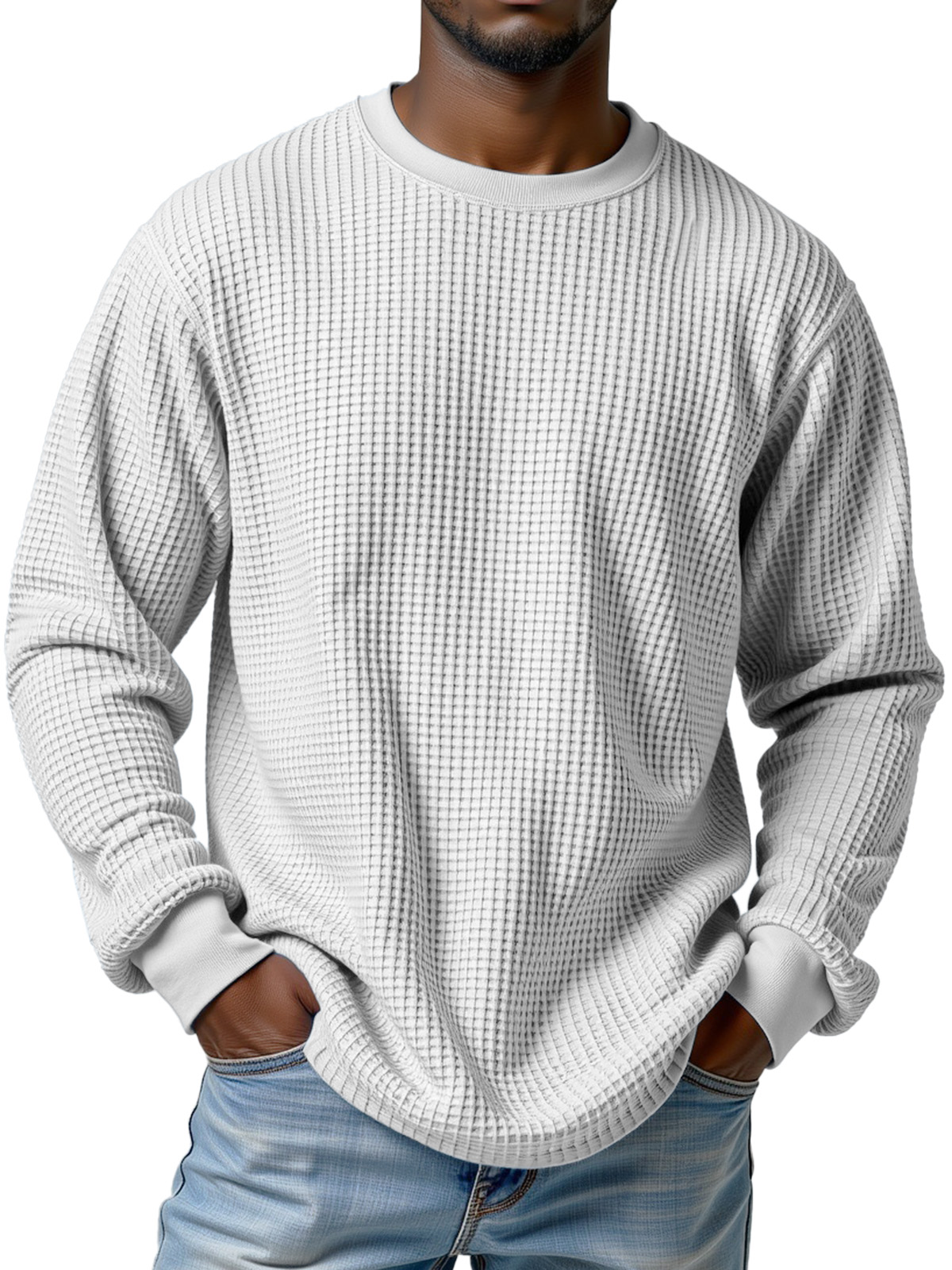 Herren Freizeit Einfarbiger Waffel Rundhals Langarm T-Shirt-deurabatt