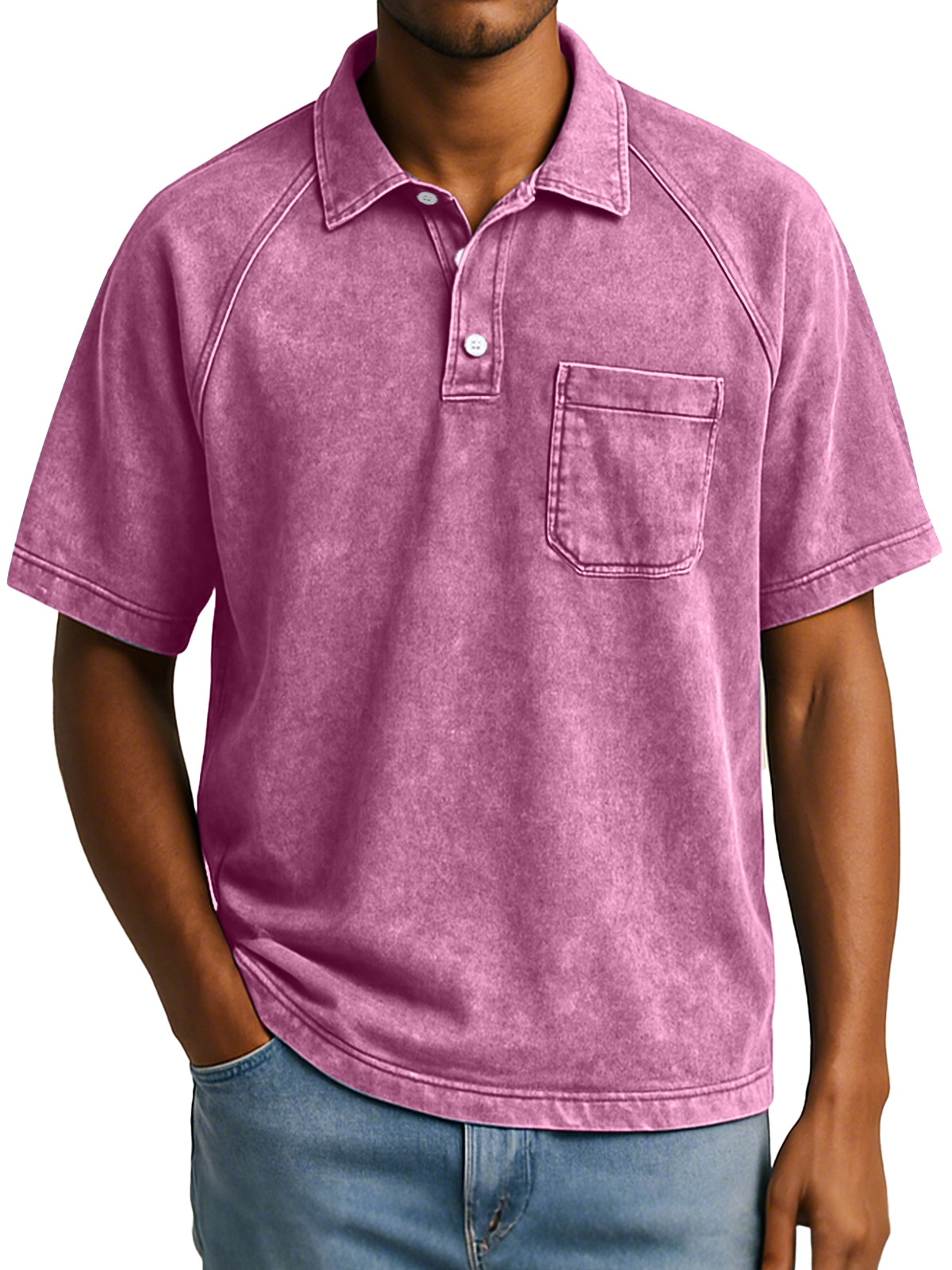 Herren Retro Freizeit Raglan Kurzarm Kragen Knopf Polohemd-deurabatt