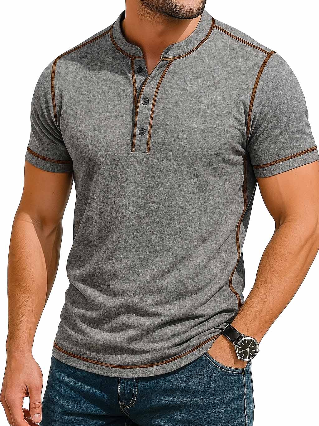 Herrenmode Retro Kontrastfarbe Linie Kurzarm Henley Shirt-deurabatt