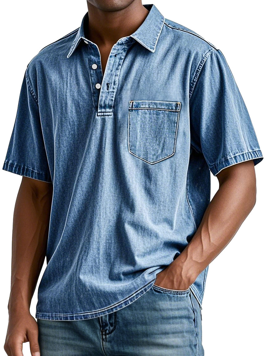 Herren Retro Revers Tasche Freizeitmode Kurzarm POLO Hemd-deurabatt