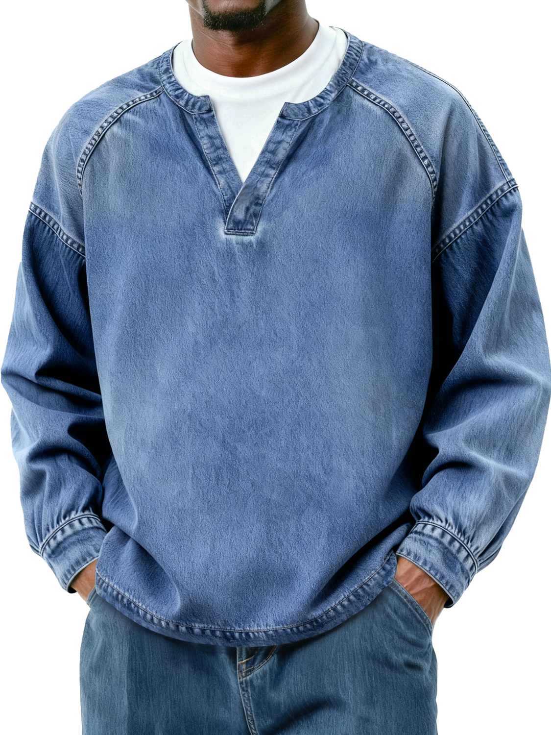 Herren Retro Faux Zwei-Teile Raglan Patchwork Freizeit Langarm T-Shirt-deurabatt