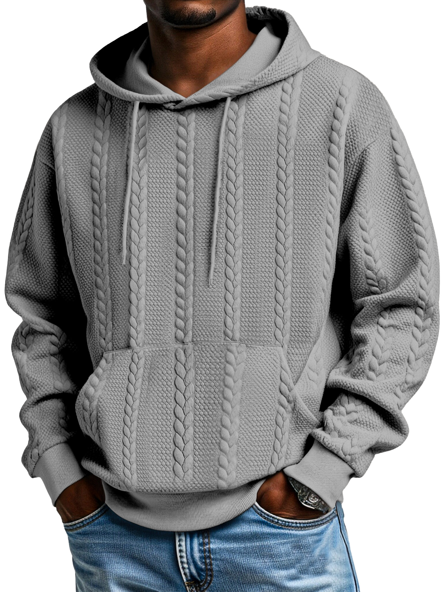 Herren Sweatshirt mit Kapuze und langen Ärmeln in einfarbigem Jacquard-Design mit Kängurutasche-ZierMode