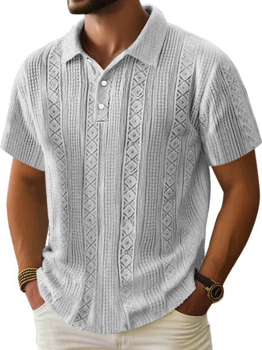Herren Bequeme Einfarbige Textur Kurzarm Lel Polo Shirt-deurabatt