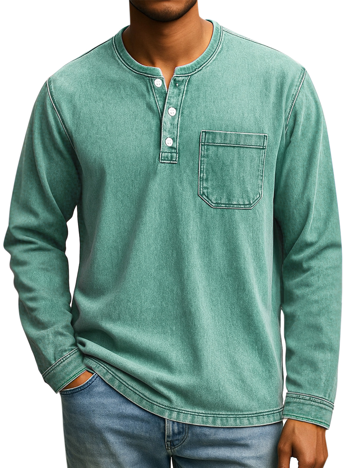Herren Retro Alltag Lässiges Einfarbiges Lockeres Langarm-Henley-Shirt-deurabatt