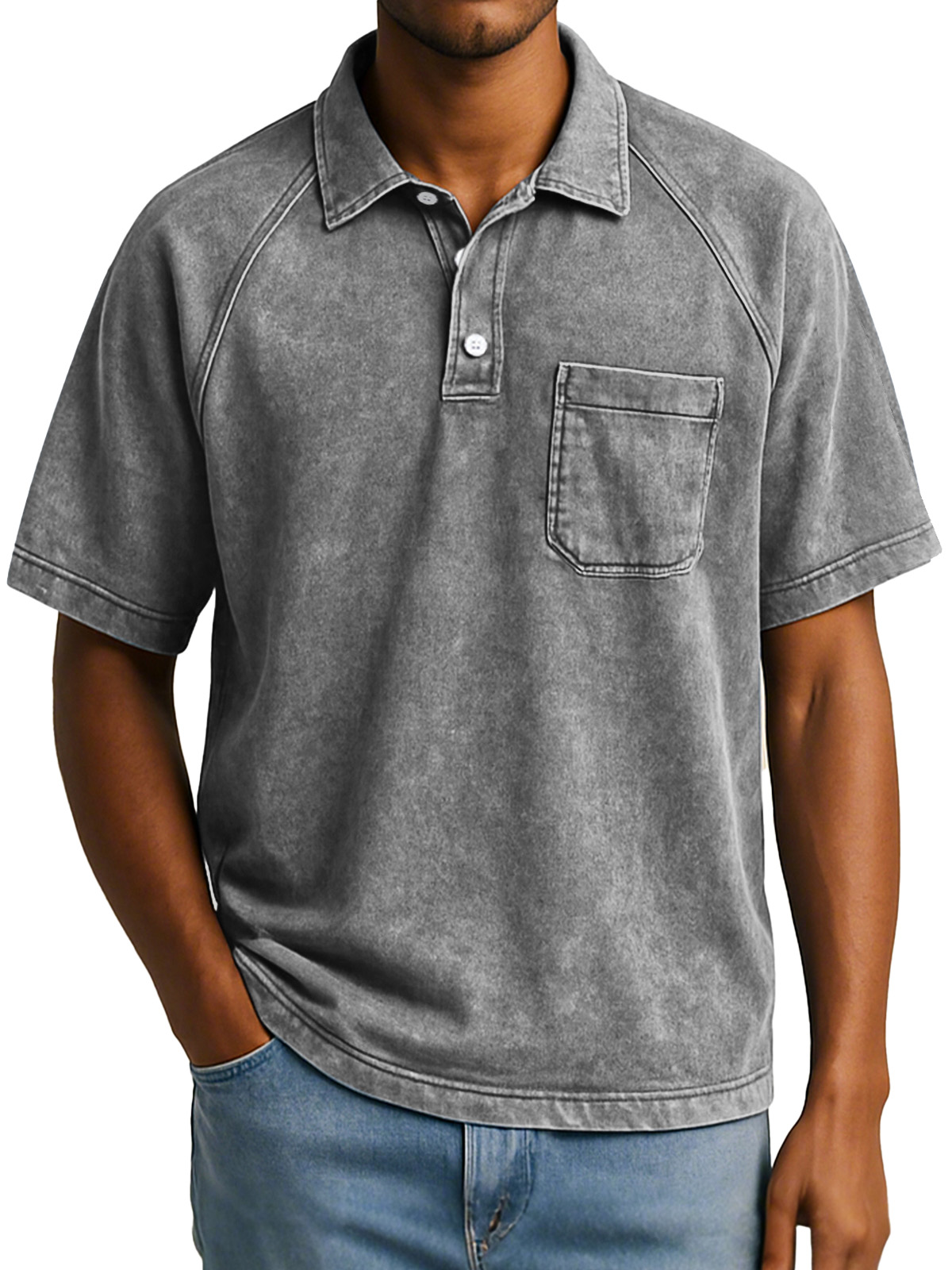 Herren Retro Freizeit Raglan Kurzarm Kragen Knopf Polohemd-deurabatt