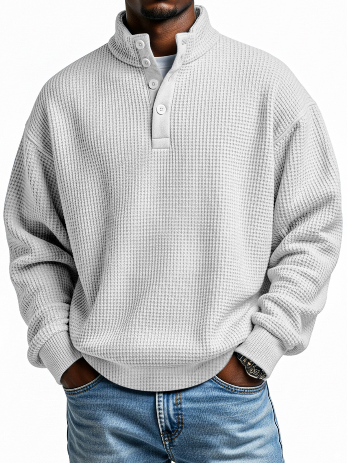 Täglicher einfacher lässiger einfarbiger Waffelstruktur Langarm-Sweatshirt mit vier Knöpfen und Stehkragen-ZierMode