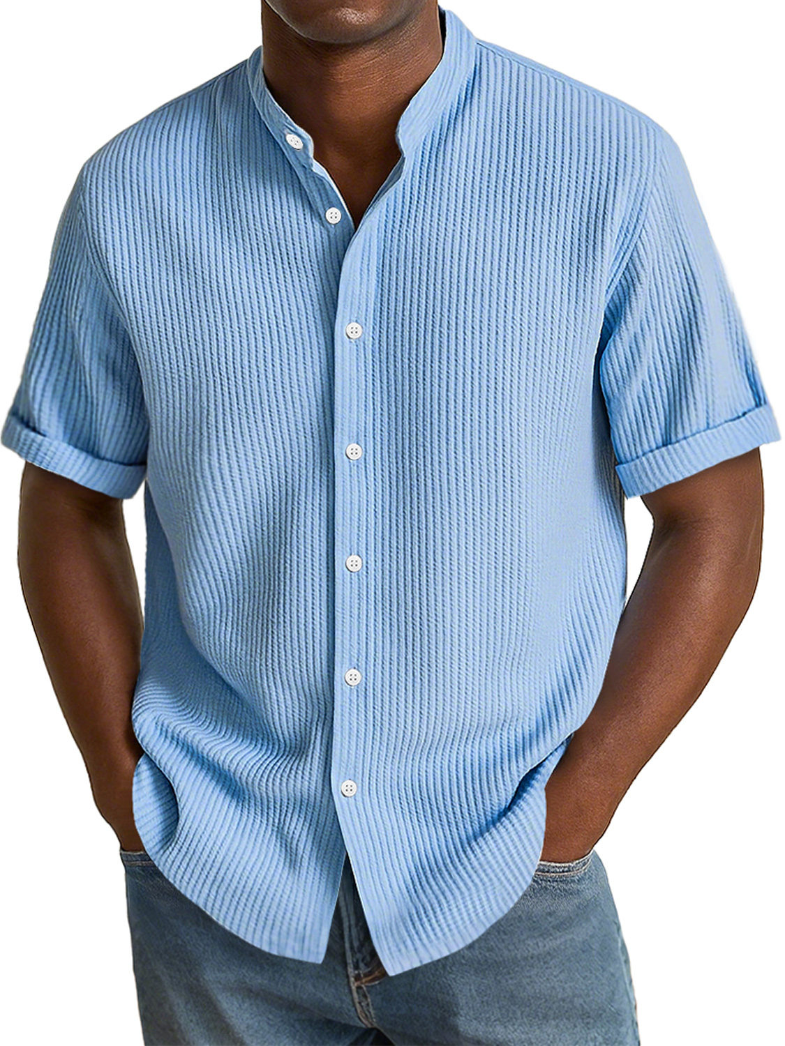 Herren Daily Texture Stoff Freizeit Stehkragen Einfarbig Kurzarmhemd-deurabatt