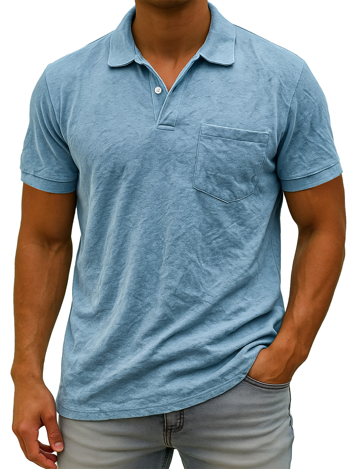 Herren Daily Wildleder Freizeit Revers Tasche Komfort Kurzarm POLO Hemd-deurabatt