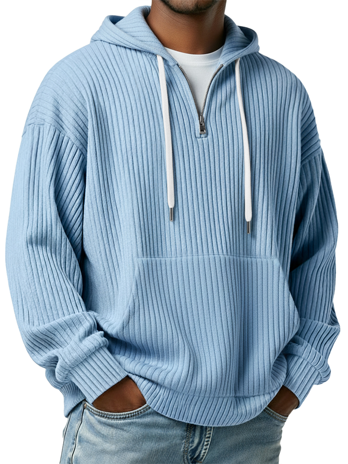 Herren Einfaches Rippstrick Kapuzenzipper Lässiger Lockere Sweatshirt-deurabatt